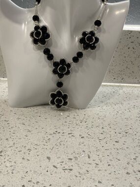 Black Floral Bead Necklace with Silver Accents - Women Jewelry